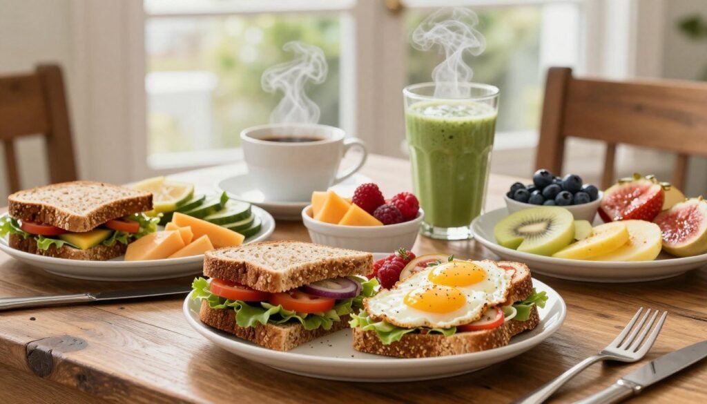 A beautifully arranged Subway breakfast spread on a rustic wooden table, showcasing a variety of healthy options. In the foreground, vibrant sandwiches featuring whole grain bread, fresh vegetables, and eggs, alongside colorfully garnished bowls of fruit. The middle layer highlights a steaming cup of coffee and a nutritious smoothie in a clear glass, exuding freshness. In the background, soft natural light filters through a large window, illuminating the scene and creating a warm, inviting atmosphere. The overall mood is energizing and wholesome, perfect for starting the day right. The image captures the essence of healthy breakfast choices, emphasizing nutrition and vitality.