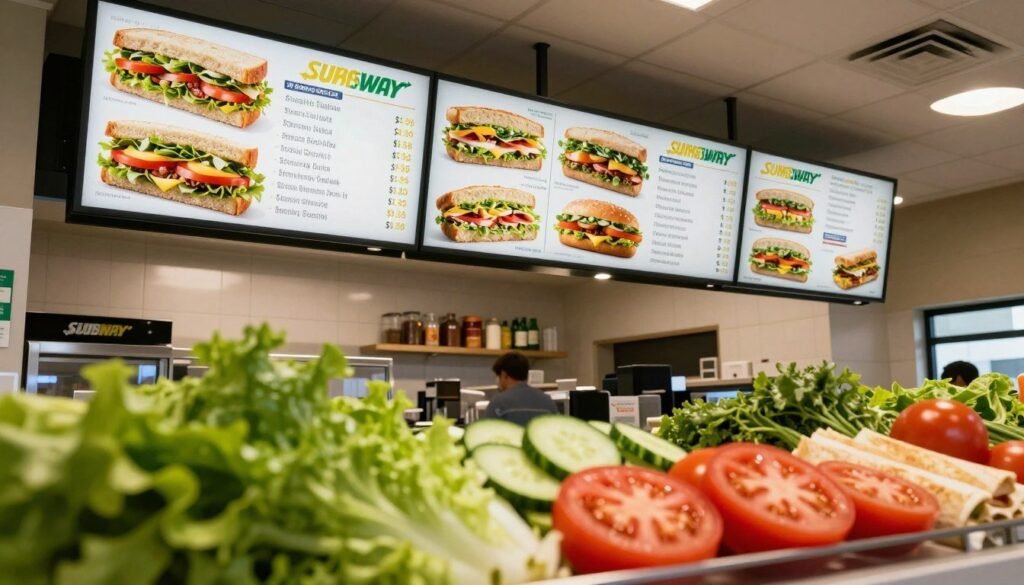 A beautifully arranged Subway menu board featuring various sandwich options with visible prices, set in a modern Subway restaurant. In the foreground, focus on a vibrant display of fresh ingredients like lettuce, tomatoes, and cucumbers, accentuating the freshness of the offerings. The middle layer should showcase the actual menu, with clear, appetizing pictures of sandwiches alongside their corresponding prices, designed in a visually appealing format. The background should include a cozy dining area with subtle lighting, creating an inviting atmosphere. Use a wide-angle lens perspective to capture the entire scene, ensuring details remain clear and enticing. The overall mood should feel welcoming, friendly, and appetizing, reflecting a casual dining experience.
