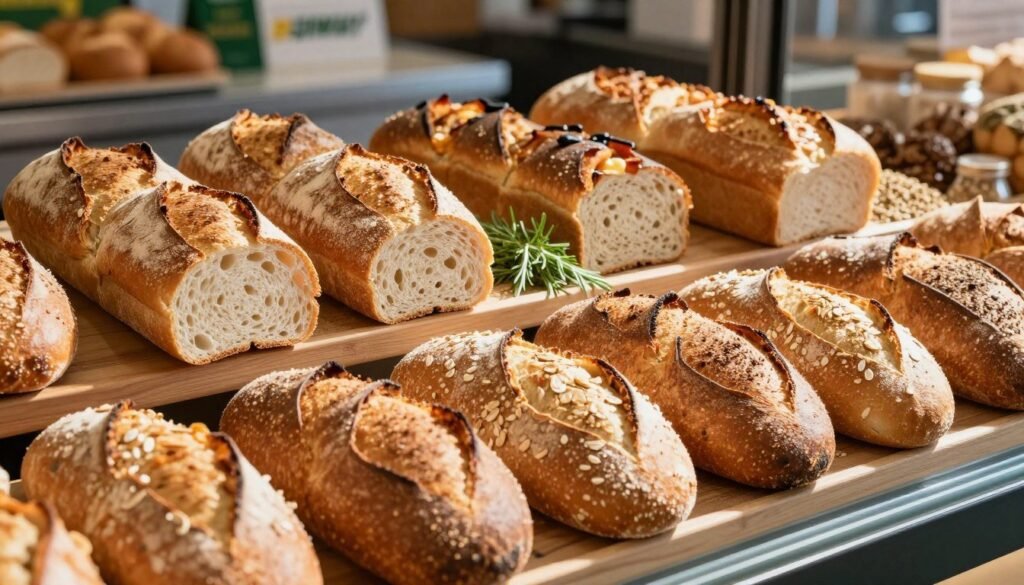 A beautifully arranged display of Subway bread options, showcasing a variety of bread types including Italian, Whole Wheat, Honey Oat, and Parmesan Oregano. In the foreground, the fresh, crusty loaves are sliced open to reveal their soft textures and enticing interiors. The middle ground features an assortment of ingredients like herbs and grains that highlight the freshness of the breads. In the background, a softly blurred Subway restaurant setting provides context without distracting from the bread. The lighting is bright and inviting, with natural sunlight streaming in to enhance the colors and textures of the bread. The atmosphere is warm and welcoming, evoking a sense of hunger and curiosity about the different bread options available.