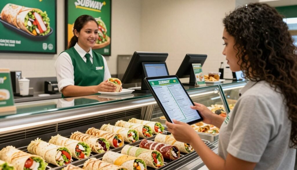 A vibrant Subway restaurant interior with a clean and inviting atmosphere. In the foreground, a well-organized display of colorful Subway wraps, showcasing fresh ingredients like crisp lettuce, juicy tomatoes, grilled chicken, and various sauces. A friendly staff member in professional business attire stands behind the counter, ready to assist customers. In the middle, a customer of diverse background examines the menu on a digital screen, thoughtfully deciding which wrap to order. The background features vibrant promotional posters highlighting different wrap options, with soft, warm lighting to create an inviting mood. The angle captures the interaction between staff and customer, emphasizing the ease of ordering both in-store and online. The scene conveys a sense of excitement and appetizing anticipation for lunch. A vibrant Subway restaurant interior with a clean and inviting atmosphere. In the foreground, a well-organized display of colorful Subway wraps, showcasing fresh ingredients like crisp lettuce, juicy tomatoes, grilled chicken, and various sauces. A friendly staff member in professional business attire stands behind the counter, ready to assist customers. In the middle, a customer of diverse background examines the menu on a digital screen, thoughtfully deciding which wrap to order. The background features vibrant promotional posters highlighting different wrap options, with soft, warm lighting to create an inviting mood. The angle captures the interaction between staff and customer, emphasizing the ease of ordering both in-store and online. The scene conveys a sense of excitement and appetizing anticipation for lunch.