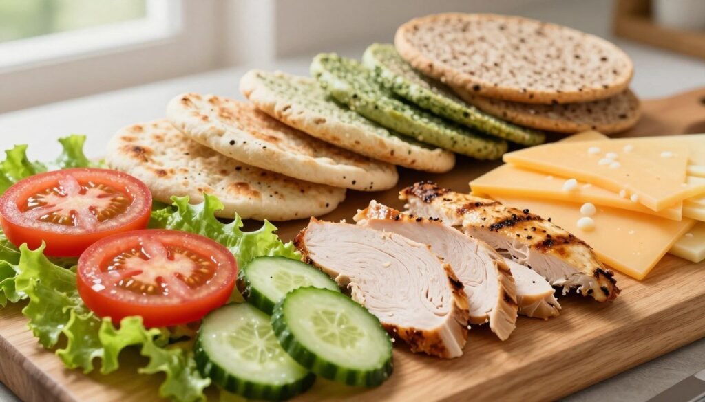 A vibrant, appetizing display of Subway wrap ingredients on a wooden cutting board. In the foreground, fresh vegetables like crisp lettuce, ripe tomatoes, and sliced cucumbers glisten with moisture. Tasty meats such as grilled chicken and turkey are artfully arranged alongside a selection of colorful cheeses—cheddar, Swiss, and pepper jack. In the middle ground, various flatbreads in warm tones, like spinach and whole wheat, are stacked neatly, enticing in their flexibility. The background is softly blurred to emphasize the ingredients, with natural light flooding the scene, creating an inviting, fresh atmosphere. The angle is slightly elevated, capturing both the depth and the textures of the ingredients, conveying a sense of delicious variety perfect for a lunch option. A vibrant, appetizing display of Subway wrap ingredients on a wooden cutting board. In the foreground, fresh vegetables like crisp lettuce, ripe tomatoes, and sliced cucumbers glisten with moisture. Tasty meats such as grilled chicken and turkey are artfully arranged alongside a selection of colorful cheeses—cheddar, Swiss, and pepper jack. In the middle ground, various flatbreads in warm tones, like spinach and whole wheat, are stacked neatly, enticing in their flexibility. The background is softly blurred to emphasize the ingredients, with natural light flooding the scene, creating an inviting, fresh atmosphere. The angle is slightly elevated, capturing both the depth and the textures of the ingredients, conveying a sense of delicious variety perfect for a lunch option.