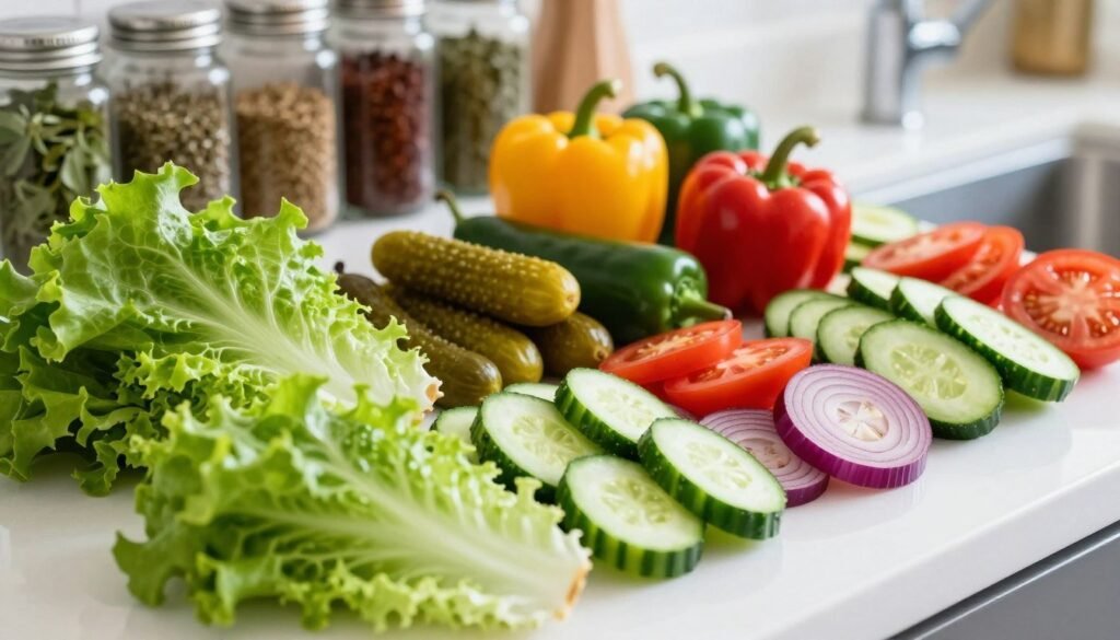 Vibrant and colorful display of fresh subway veggie toppings arranged on a clean white countertop. In the foreground, emphasize crisp lettuce leaves, plump tomatoes, crunchy cucumbers, and thinly sliced red onions, artfully layered and bursting with color. The middle section features an assortment of pickles, jalapeños, and colorful bell peppers in an organized but casual manner, inviting a sense of freshness. The background could softly blur to highlight a variety of herb and spice jars, enhancing the healthy theme. Use natural lighting that casts gentle shadows, creating a fresh and inviting atmosphere. Capture the scene with a shallow depth of field, focusing sharply on the veggies while slightly blurring the background elements for an artistic touch.