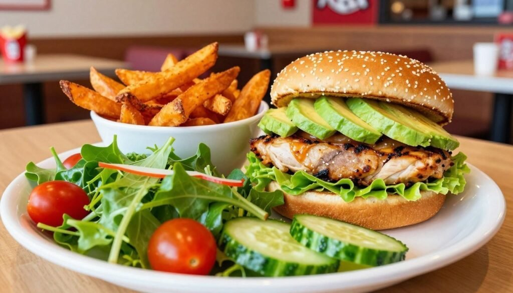 A beautifully arranged plate of Wendy's gluten-free offerings, featuring a fresh mixed salad with vibrant greens, cherry tomatoes, and sliced cucumbers at the foreground. In the middle ground, a gluten-free hamburger with a lettuce wrap instead of a bun, topped with fresh avocado and grilled chicken, sits invitingly next to a bowl of crispy fries made from sweet potatoes. The background features a cozy Wendy's restaurant ambiance, with soft, warm lighting illuminating wooden tables and booths. The scene is captured from a slightly elevated angle, creating a welcoming atmosphere that emphasizes health-conscious dining. The color palette is bright and fresh, conveying a sense of vitality and appetizing charm. The overall mood is cheerful and inviting, suitable for promoting safe dining options.