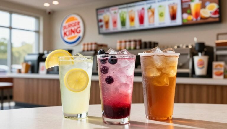 A brightly lit Burger King counter featuring an array of low-calorie drinks. In the foreground, showcase three enticing beverage options: a clear glass of lemonade with fresh lemon slices, a vibrant berry-infused sparkling water, and a sleek iced herbal tea in an elegant cup. The middle layer presents a welcoming environment with the iconic Burger King logo subtly illuminated, and a menu board in the background promoting healthy drink choices. The setting is colorful and modern, evoking a fresh and health-conscious vibe. Natural daylight streams through large windows, adding warmth to the scene. The angle is slightly top-down, capturing the drinks at eye level to emphasize their appealing colors and textures, creating an inviting atmosphere perfect for health-conscious diners.