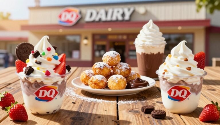 A colorful and inviting display of various Dairy Queen secret menu items lays out on a rustic wooden table. In the foreground, visually striking creations like the "Mystery Blizzard" swirl with vibrant, seasonal toppings such as fresh strawberries and chunks of chocolate cookie amidst a creamy, soft-serve base. In the middle, the camera captures a tantalizing "Fried Cookie Dough Bites" served on a delicate plate, dusted with powdered sugar, alongside a rich chocolate dipping sauce. The background features a blurred Dairy Queen storefront, conveying a warm, nostalgic atmosphere. Natural sunlight streams in, casting a soft, inviting glow on the delicious treats, enhancing the appetizing colors and textures. The scene feels cheerful and festive, enticing viewers to explore these limited-time offerings.