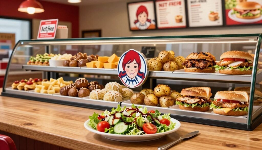 A visually appealing display of Wendy's nut-free menu options, featuring a vibrant arrangement of colorful, fresh ingredients such as salads, baked potatoes, and grilled chicken sandwiches. In the foreground, a tasteful wooden table topped with a neatly arranged plate of a salad adorned with cherry tomatoes, cucumber slices, and a balsamic dressing. The middle layer includes a sleek, modern Wendy's logo subtly placed, surrounded by light, healthy sides. In the background, the cozy ambiance of a Wendy's restaurant is visible, softly lit with warm lights, and the menu boards are blurred, emphasizing the nut-free focus. The scene conveys a welcoming atmosphere, highlighting safety for dining with nut allergies, shot from a slightly elevated angle to capture depth and context.
