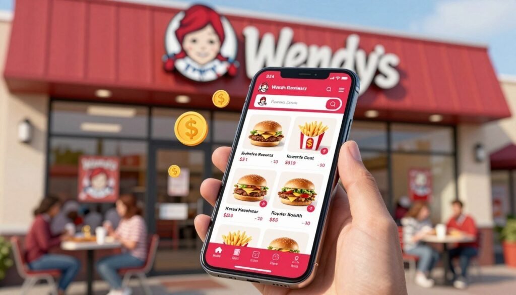 A visually engaging depiction of Wendy's app rewards program, showcasing a smartphone displaying the app interface prominently in the foreground. The phone should feature colorful images of menu items, like hamburgers and fries, with a rewards points balance visible. In the middle ground, illustrated graphics of dollar signs and coins should symbolize savings. The background should feature a modern Wendy's restaurant exterior, with subtle hints of customers enjoying their meals, all captured in warm, inviting natural lighting to evoke a sense of community and satisfaction. The angle should be slightly elevated, making the app interface the focal point while giving context to the environment. The overall mood should be upbeat and cheerful, reflecting the excitement of maximizing savings through the loyalty program.